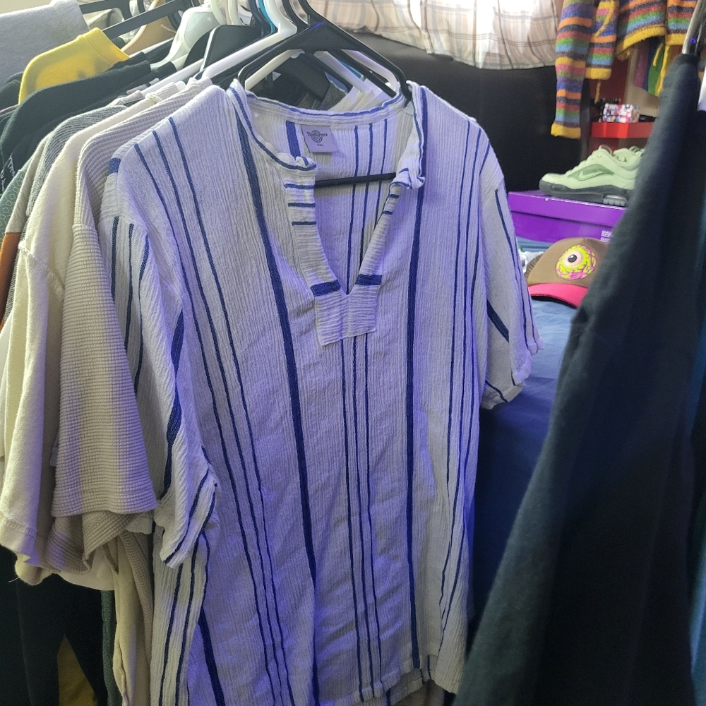 Blue and White Casual Button Down Shirt with Vertical Stripes